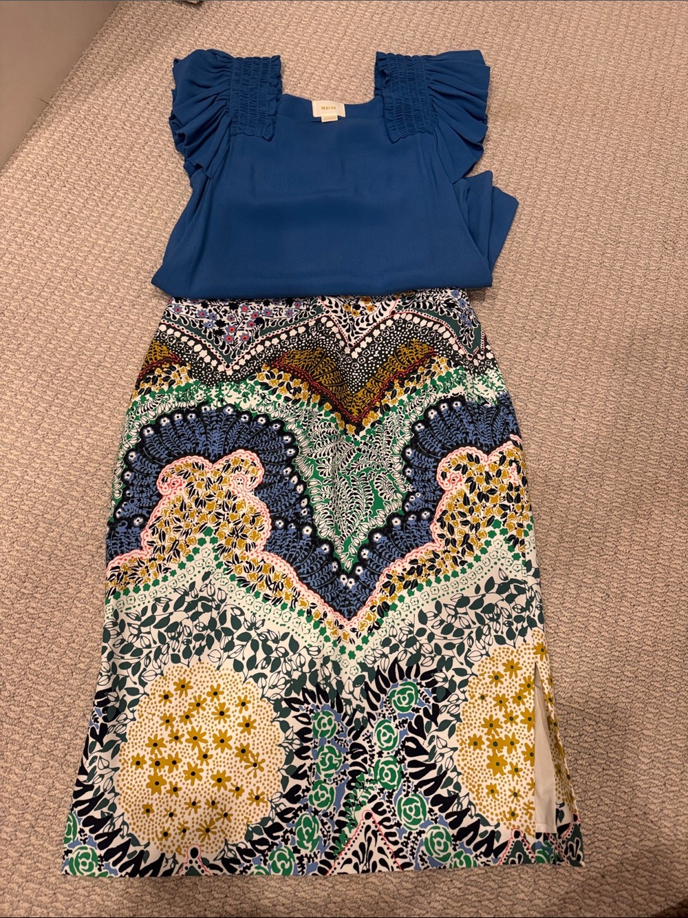 Moulinette Soeurs Blue Top with Multicolor Printed Pencil Skirt